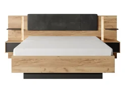 Vente-unique Lit avec chevets 140 x 190 cm - Avec LEDs - Coloris : Naturel et anthracite + Sommier + Matelas - ELYNIA* Lit Avec Rangement