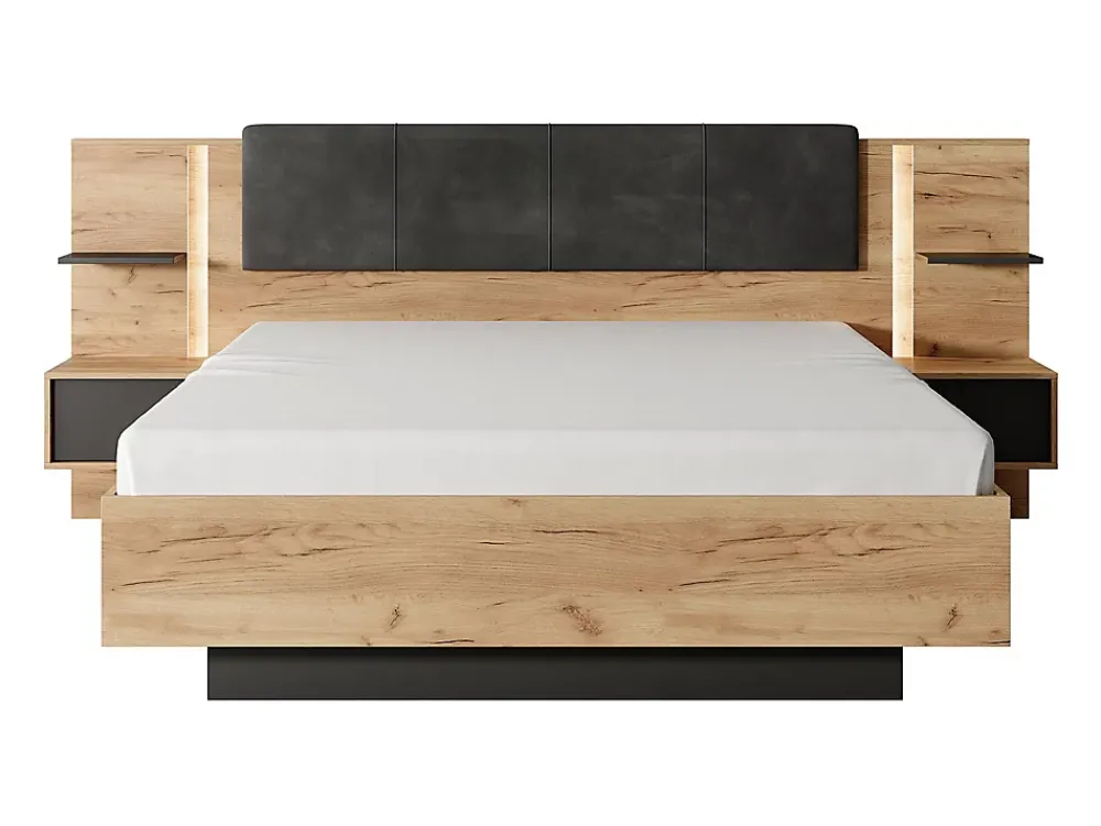 Vente-unique Lit avec chevets 140 x 190 cm - Avec LEDs - Coloris : Naturel et anthracite + Sommier + Matelas - ELYNIA* Lit Avec Rangement