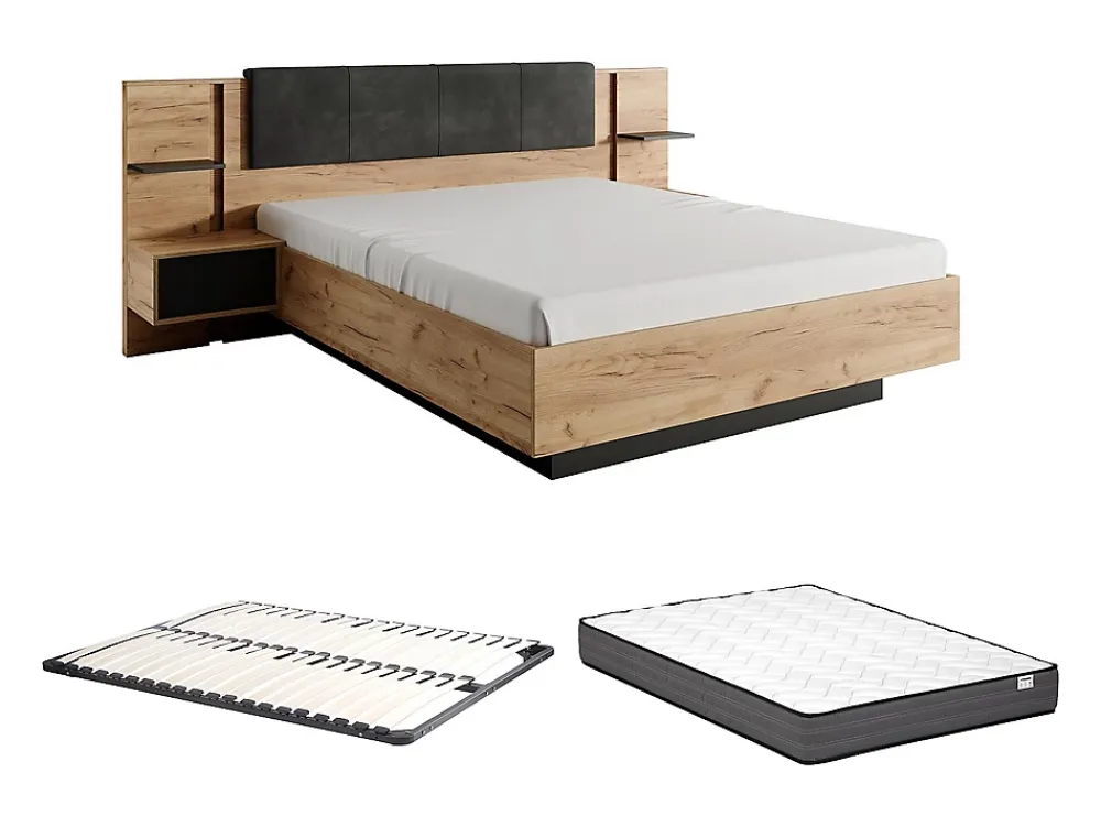 Vente-unique Lit avec chevets 140 x 190 cm - Avec LEDs - Coloris : Naturel et anthracite + Sommier + Matelas - ELYNIA* Lit Avec Rangement