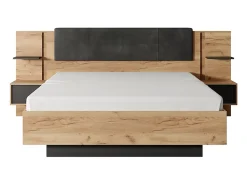 Vente-unique Lit avec chevets 140 x 190 cm - Avec LEDs - Coloris : Naturel et anthracite + Sommier + Matelas - ELYNIA* Lit Avec Rangement