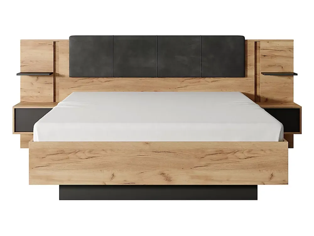 Vente-unique Lit avec chevets 140 x 190 cm - Avec LEDs - Coloris : Naturel et anthracite + Sommier + Matelas - ELYNIA* Lit Avec Rangement