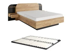 Lit avec chevets 160 x 200 cm - Avec LEDs - Coloris : Naturel et noir + Sommier - JUVISIA>Vente-unique Discount