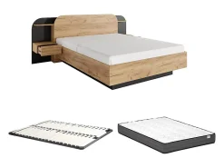Lit avec chevets 160 x 200 cm - Avec LEDs - Coloris : Naturel et noir + Sommier + Matelas - JUVISIA><noscript><img width=