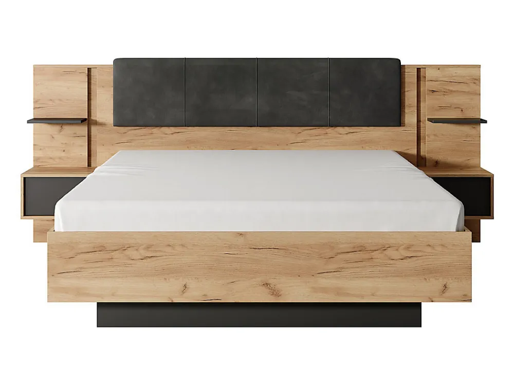 Lit avec chevets 140 x 190 cm - Avec LEDs - Coloris : Naturel et anthracite - ELYNIA>Vente-unique Hot
