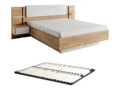 Lit avec chevets 160 x 200 cm - Avec LEDs - Coloris : Naturel et blanc + Sommier - ELYNIA>Vente-unique Hot