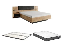 Lit avec chevets 160 x 200 cm - Avec LEDs - Coloris : Naturel et anthracite + Sommier + Matelas - ELYNIA><noscript><img width=