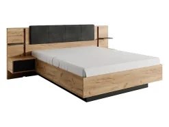 Vente-unique Lit avec chevets 140 x 190 cm - Avec LEDs - Coloris : Naturel et anthracite + Sommier - ELYNIA* Lit Avec Rangement