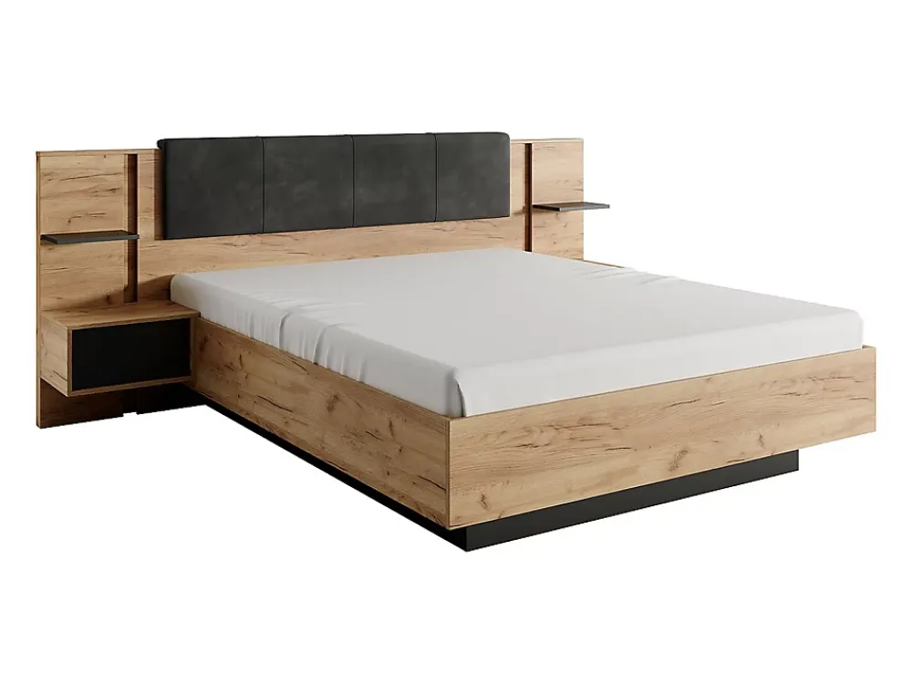 Vente-unique Lit avec chevets 140 x 190 cm - Avec LEDs - Coloris : Naturel et anthracite + Sommier - ELYNIA* Lit Avec Rangement