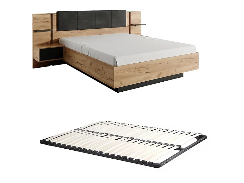 Vente-unique Lit avec chevets 140 x 190 cm - Avec LEDs - Coloris : Naturel et anthracite + Sommier - ELYNIA* Lit Avec Rangement