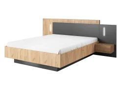 Lit avec chevets 160 x 200 cm - 2 tiroirs - Avec LEDs - Coloris : Naturel et anthracite + Sommier + Matelas - FRANCOLI>Vente-unique Outlet