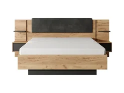 Vente-unique Lit avec chevets 160 x 200 cm - Avec LEDs - Coloris : Naturel et anthracite + Sommier + Matelas - ELYNIA* Lit Avec Rangement