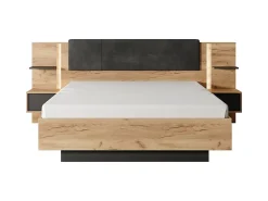 Vente-unique Lit avec chevets 160 x 200 cm - Avec LEDs - Coloris : Naturel et anthracite + Sommier + Matelas - ELYNIA* Lit Avec Rangement