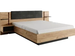 Vente-unique Lit avec chevets 160 x 200 cm - Avec LEDs - Coloris : Naturel et anthracite + Sommier + Matelas - ELYNIA* Lit Avec Rangement