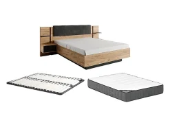 Vente-unique Lit avec chevets 160 x 200 cm - Avec LEDs - Coloris : Naturel et anthracite + Sommier + Matelas - ELYNIA* Lit Avec Rangement