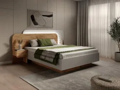 Vente-unique Lit avec chevets 160 x 200 cm - Avec LEDs - Coloris : Naturel et blanc - DESADO* Lit Avec Rangement