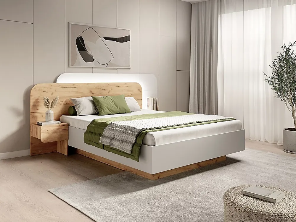 Vente-unique Lit avec chevets 160 x 200 cm - Avec LEDs - Coloris : Naturel et blanc - DESADO* Lit Avec Rangement