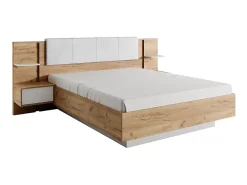 Vente-unique Lit avec chevets 160 x 200 cm - Avec LEDs - Coloris : Naturel et blanc + Sommier + Matelas - ELYNIA* Lit Avec Rangement