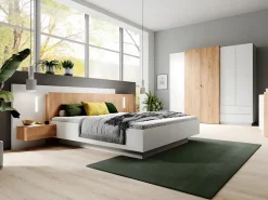 Vente-unique Lit avec chevets 160 x 200 cm - 2 tiroirs - Avec LEDs - Coloris : Blanc et naturel - FRANCOLI* Lit Avec Rangement