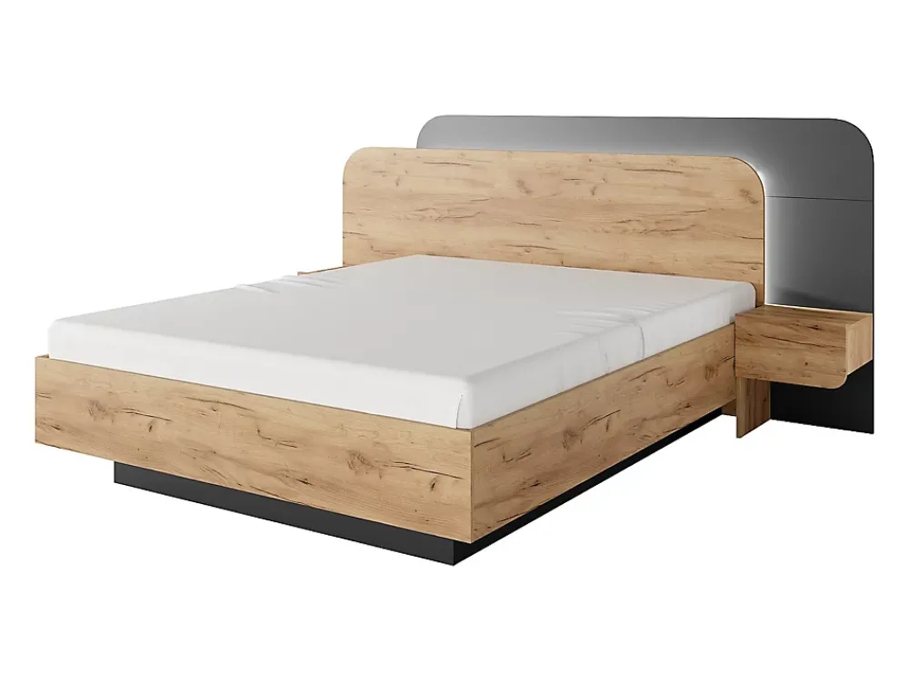 Vente-unique Lit avec chevets 160 x 200 cm - Avec LEDs - Coloris : Naturel et anthracite + Sommier + Matelas - DESADO* Lit Avec Rangement