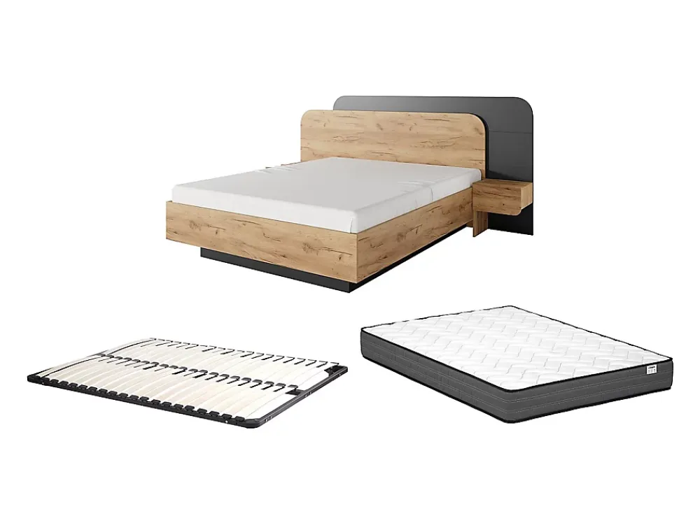 Vente-unique Lit avec chevets 160 x 200 cm - Avec LEDs - Coloris : Naturel et anthracite + Sommier + Matelas - DESADO* Lit Avec Rangement