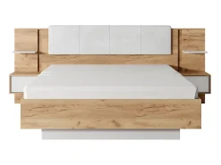 Vente-unique Lit avec chevets 160 x 200 cm - Avec LEDs - Coloris : Naturel et blanc + Sommier + Matelas - ELYNIA* Lit Avec Rangement