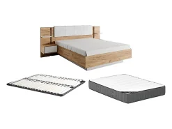 Vente-unique Lit avec chevets 160 x 200 cm - Avec LEDs - Coloris : Naturel et blanc + Sommier + Matelas - ELYNIA* Lit Avec Rangement