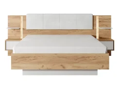 Vente-unique Lit avec chevets 160 x 200 cm - Avec LEDs - Coloris : Naturel et blanc + Sommier + Matelas - ELYNIA* Lit Avec Rangement