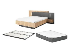 Lit avec chevets 140 x 190 cm - 2 tiroirs - Avec LEDs - Coloris : Naturel et anthracite + Sommier + Matelas - FRANCOLI>Vente-unique Hot