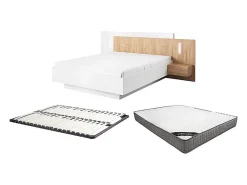 Lit avec chevets 160 x 200 cm - 2 tiroirs - Avec LEDs - Blanc et naturel + Sommier + Matelas - FRANCOLI>Vente-unique Best