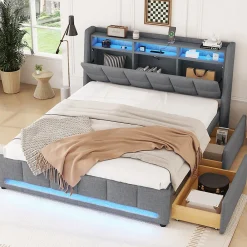 Lit avec rangement 140 x 200 cm - Lit Double avec 2 Tiroirs et Prise USB - Lin - Sans Matelas - Gris>Okwish Discount