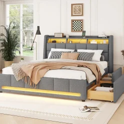 Lit avec rangement 140 x 200 cm - Lit Double avec 2 Tiroirs et Prise USB - Lin - Sans Matelas - Gris><noscript><img width=