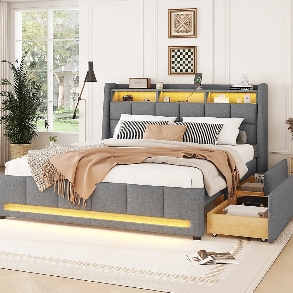 Lit avec rangement 140 x 200 cm - Lit Double avec 2 Tiroirs et Prise USB - Lin - Sans Matelas - Gris>Okwish Discount