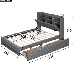 Lit avec rangement 140 x 200 cm - Lit Double avec 2 Tiroirs et Prise USB - Lin - Sans Matelas - Gris><noscript><img width=