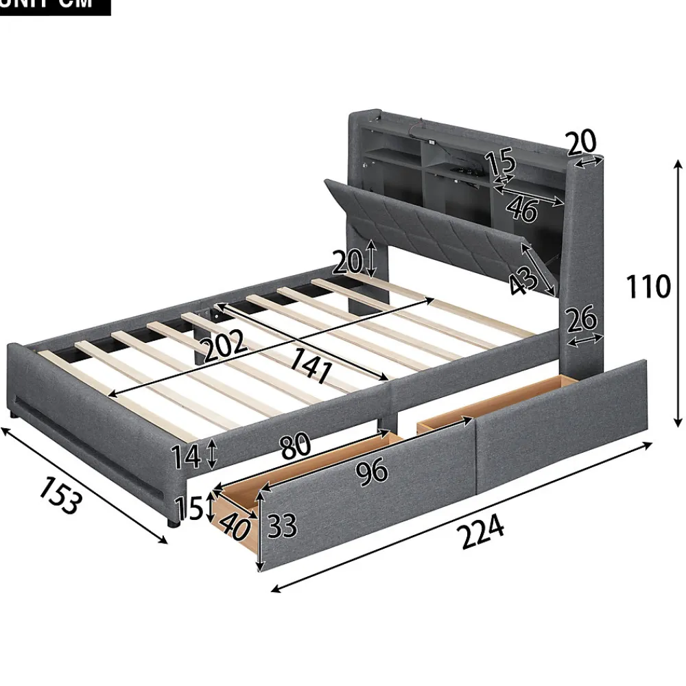 Lit avec rangement 140 x 200 cm - Lit Double avec 2 Tiroirs et Prise USB - Lin - Sans Matelas - Gris>Okwish Discount