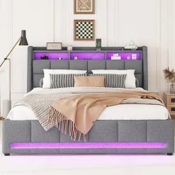 Lit avec rangement 140 x 200 cm - Lit Double avec 2 Tiroirs et Prise USB - Lin - Sans Matelas - Gris><noscript><img width=