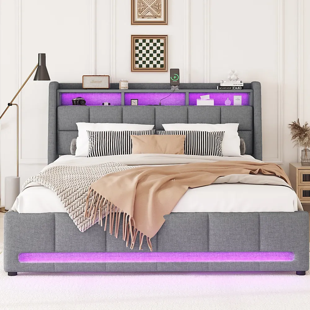Lit avec rangement 140 x 200 cm - Lit Double avec 2 Tiroirs et Prise USB - Lin - Sans Matelas - Gris>Okwish Discount