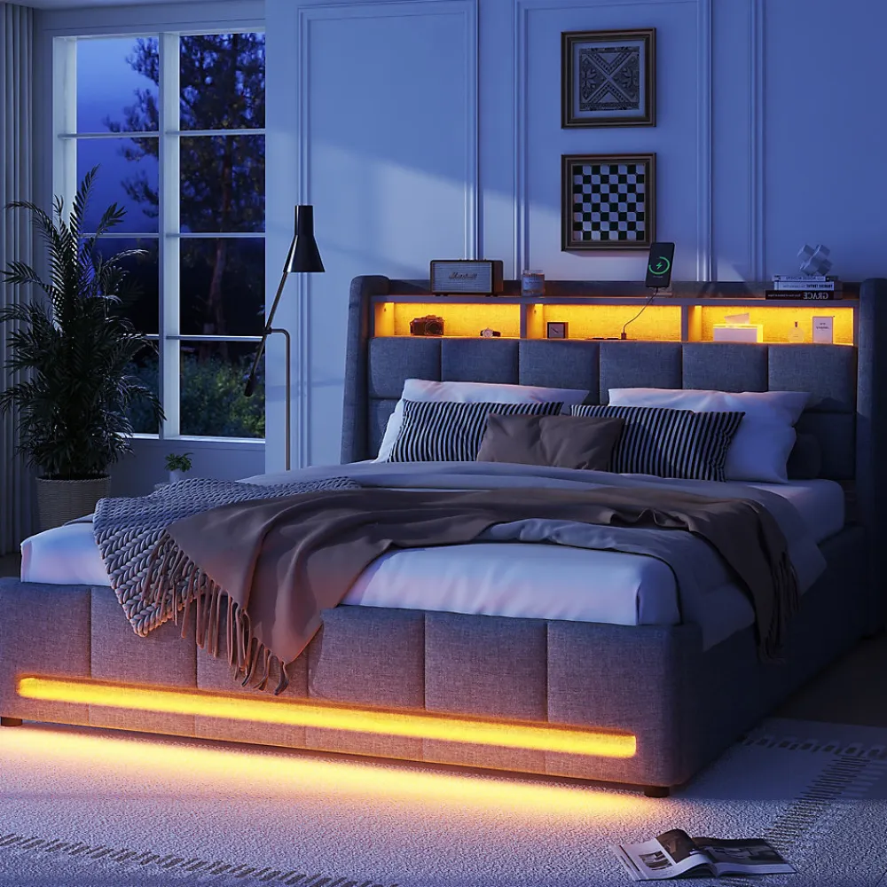 Lit avec rangement 140 x 200 cm - Lit Double avec 2 Tiroirs et Prise USB - Lin - Sans Matelas - Gris>Okwish Discount