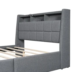Lit avec rangement 140 x 200 cm - Lit Double avec 2 Tiroirs et Prise USB - Lin - Sans Matelas - Gris><noscript><img width=