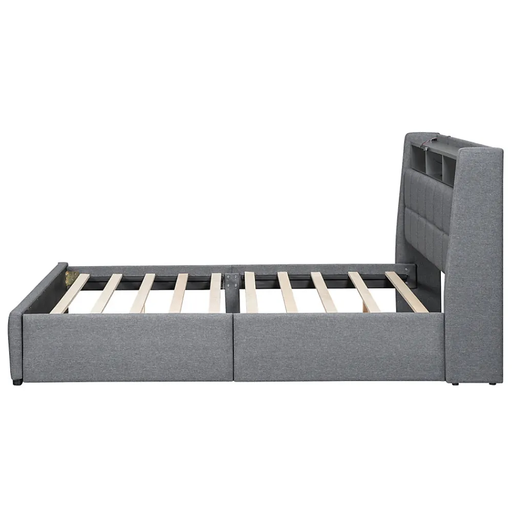 Lit avec rangement 140 x 200 cm - Lit Double avec 2 Tiroirs et Prise USB - Lin - Sans Matelas - Gris>Okwish Discount