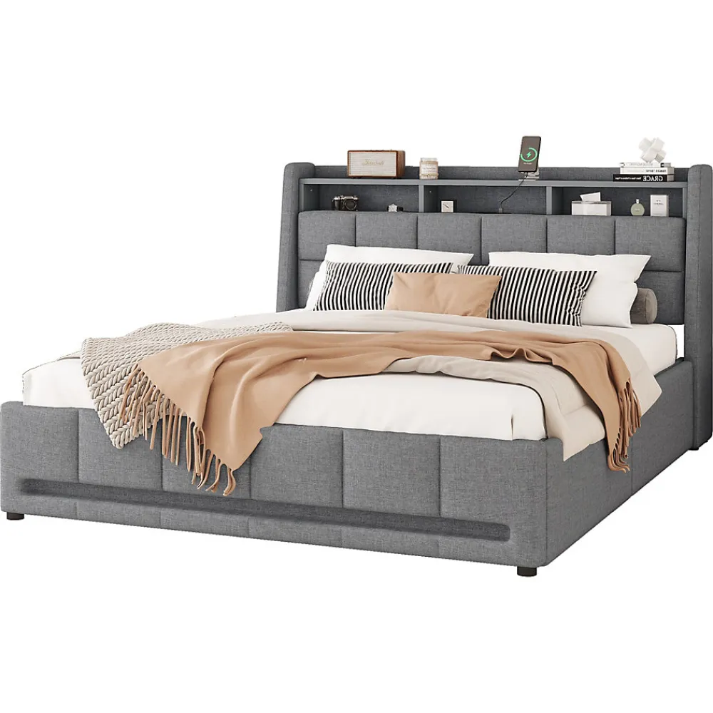 Lit avec rangement 140 x 200 cm - Lit Double avec 2 Tiroirs et Prise USB - Lin - Sans Matelas - Gris>Okwish Discount