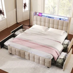 Lit avec rangement 180 x 200 cm - Lit Double avec Ports USB et LED - Lin Bois Métal - Sans Matelas - Beige>Okwish Online