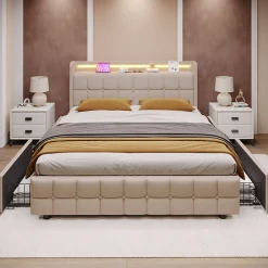 Lit avec rangement 180 x 200 cm - Lit Double avec Ports USB et LED - Lin Bois Métal - Sans Matelas - Beige>Okwish Online