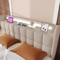 Lit avec rangement 180 x 200 cm - Lit Double avec Ports USB et LED - Lin Bois Métal - Sans Matelas - Beige><noscript><img width=
