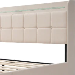 Lit avec rangement 180 x 200 cm - Lit Double avec Ports USB et LED - Lin Bois Métal - Sans Matelas - Beige><noscript><img width=