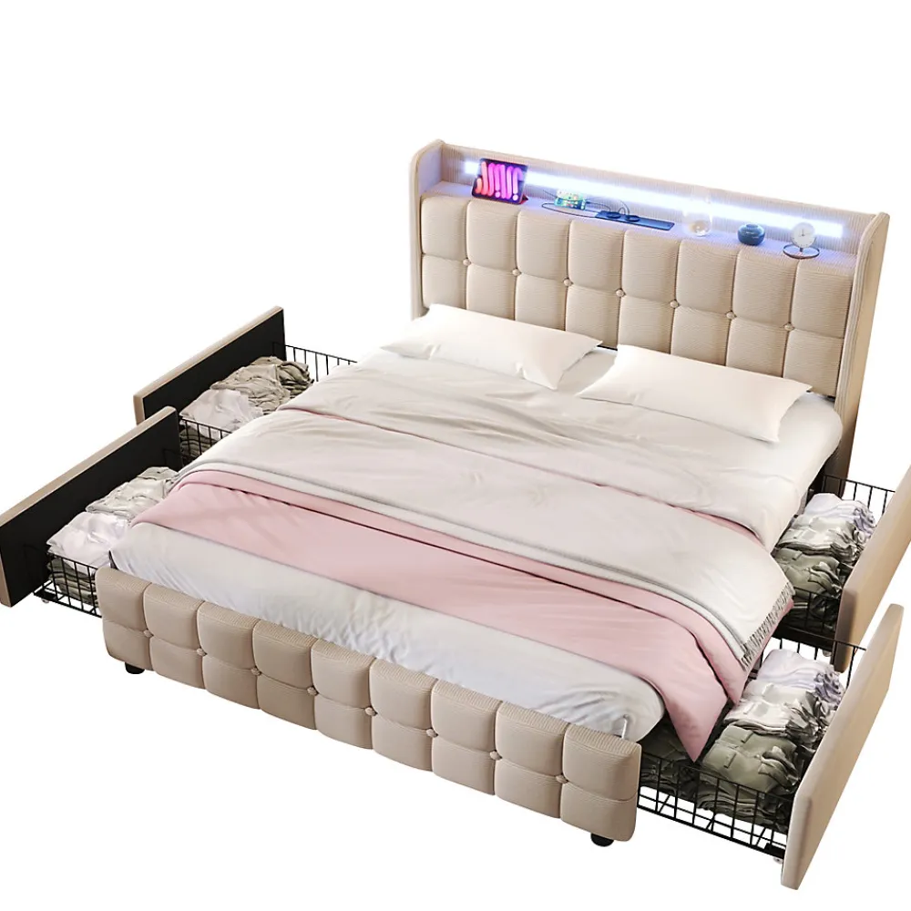 Lit avec rangement 180 x 200 cm - Lit Double avec Ports USB et LED - Lin Bois Métal - Sans Matelas - Beige>Okwish Online