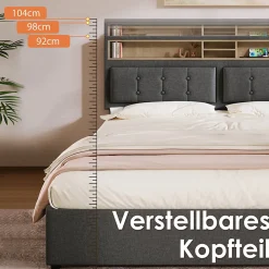 Lit avec rangement 160 x 200 cm - Lit avec 4 tiroirs et tête de lit avec prise USB-C - Lin + Bois massif - Sans Matelas - Gris><noscript><img width=