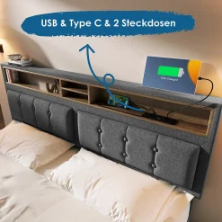Lit avec rangement 160 x 200 cm - Lit avec 4 tiroirs et tête de lit avec prise USB-C - Lin + Bois massif - Sans Matelas - Gris><noscript><img width=