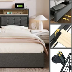 Lit avec rangement 160 x 200 cm - Lit avec 4 tiroirs et tête de lit avec prise USB-C - Lin + Bois massif - Sans Matelas - Gris><noscript><img width=