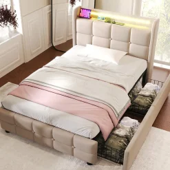Lit avec rangement 90 x 200 cm - Lit Simple avec Tiroirs et LED - Lin Bois Métal - Sans Matelas - Beige>Okwish New