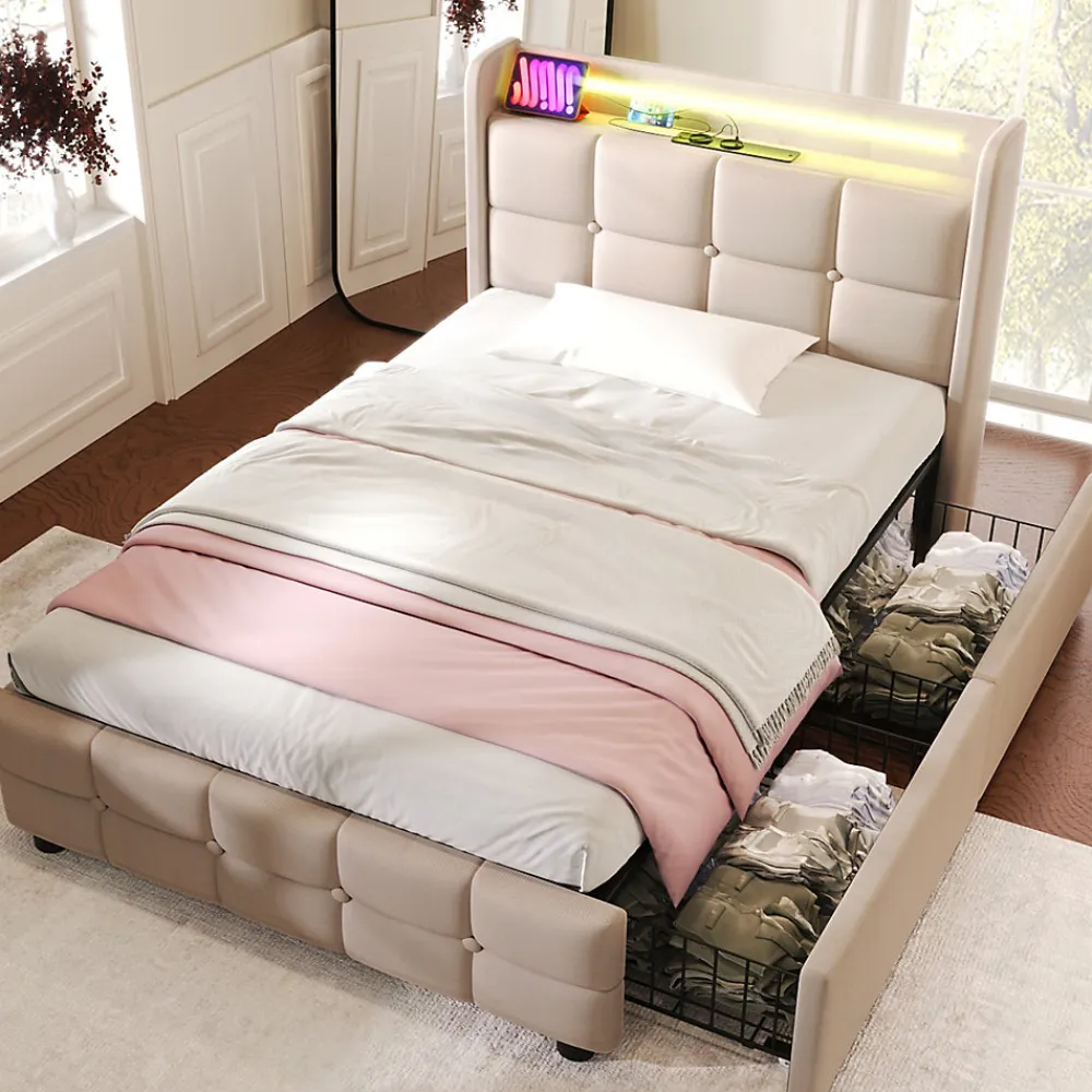 Lit avec rangement 90 x 200 cm - Lit Simple avec Tiroirs et LED - Lin Bois Métal - Sans Matelas - Beige>Okwish New